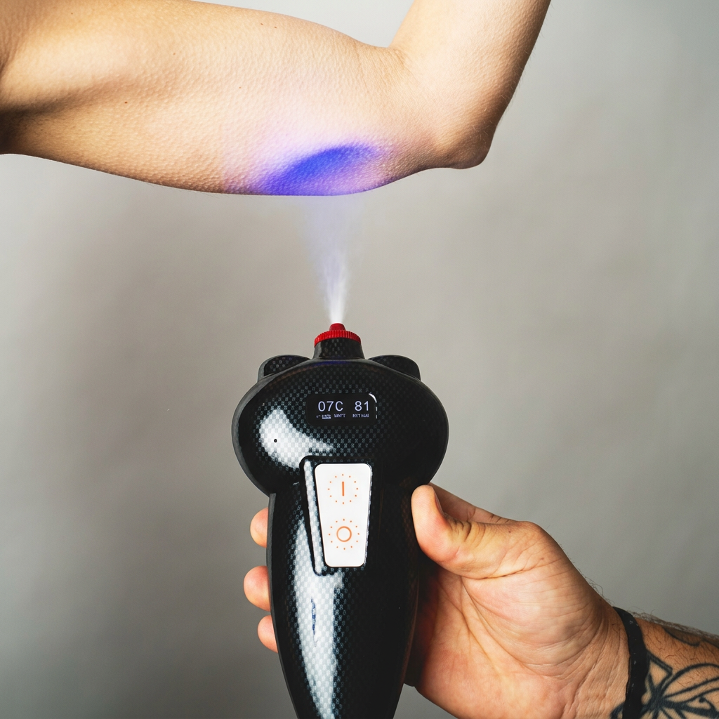 Handheld Subzero localized cryotherapy device directing cold vapor at a client's arm